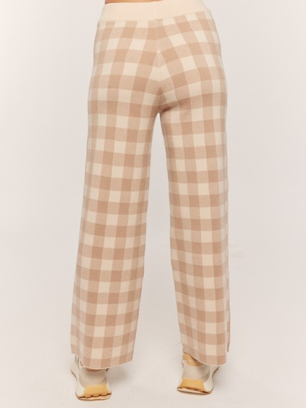 Beige Plaid Wide-Leg Knit Pants - Women - Picture 6 of 7